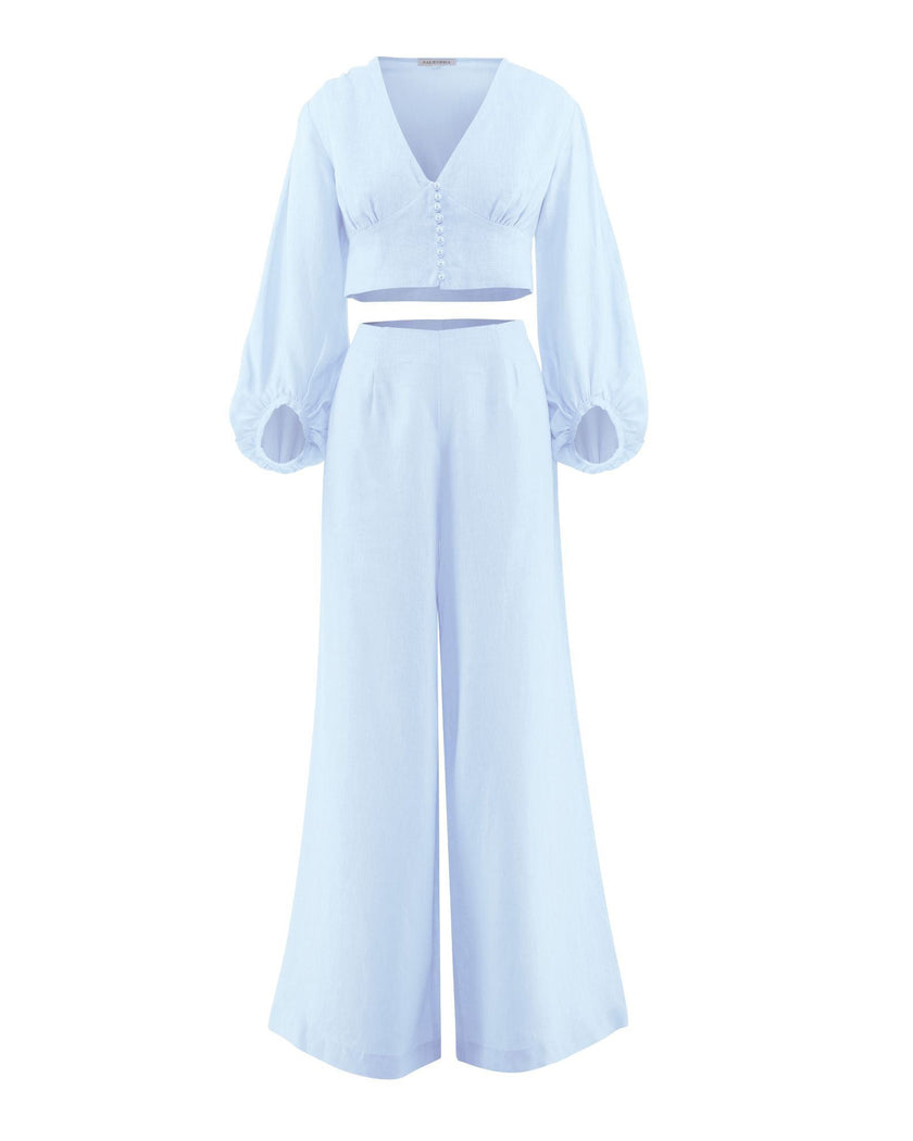 Baby Blue Linen V-Neck Crop Top and Palazzo Pants Co-ord Set