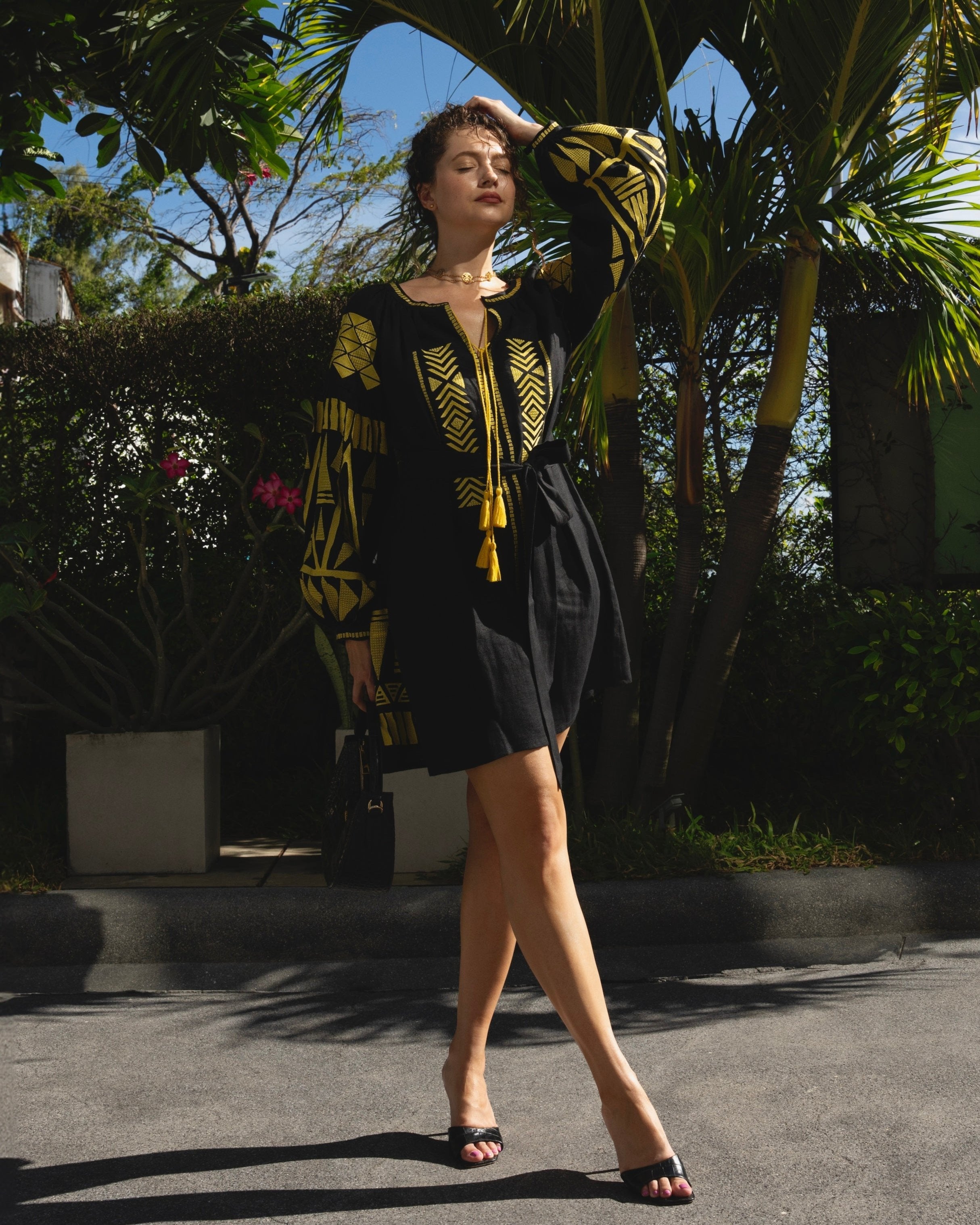 Black Embroidered Linen Mini Dress – Balloon Sleeves | ZALXNDRA