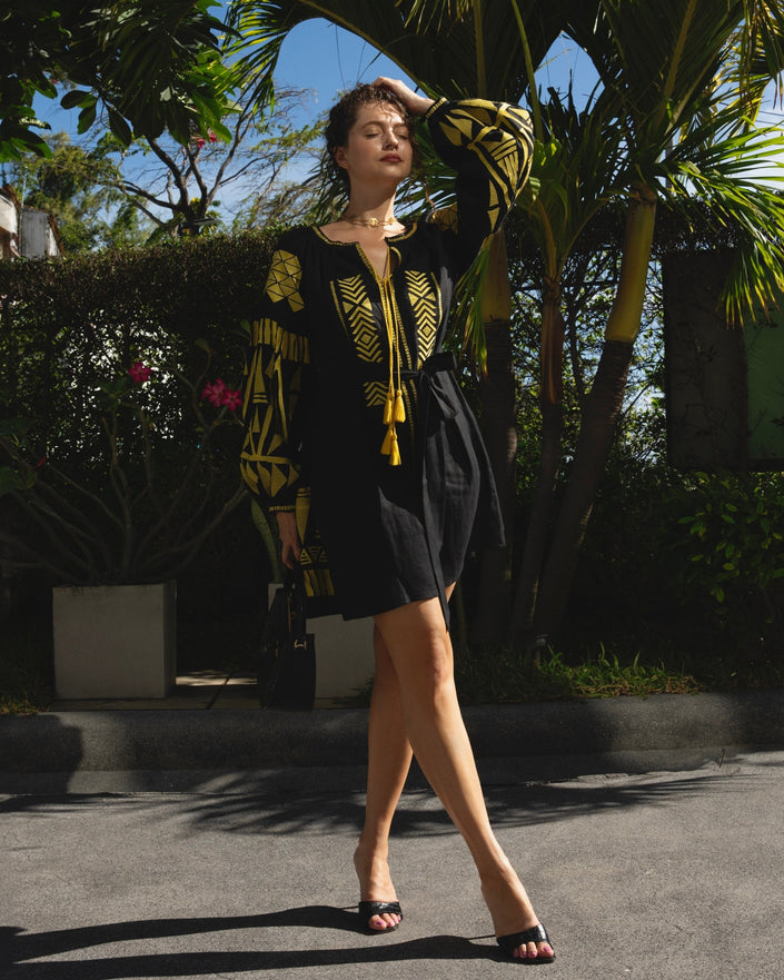 Black Embroidered Linen Mini Dress – Balloon Sleeves | ZALXNDRA