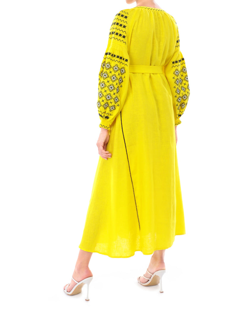 Lemon yellow linen kaftan maxi dress with black floral embroidery, balloon sleeves and self-tie belt, back view - Zalxndra Resort