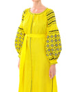 Lemon yellow linen kaftan maxi dress with black floral embroidery, balloon sleeves and self-tie belt, bodice detail view - Zalxndra Resort