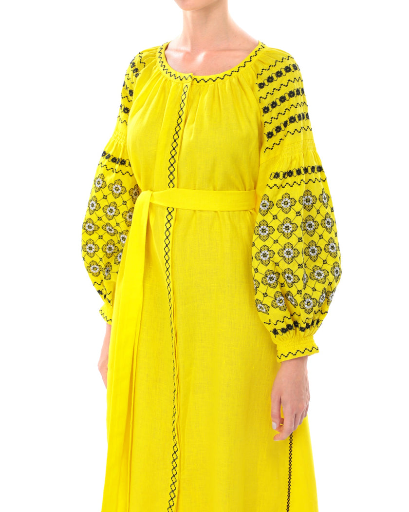 Lemon yellow linen kaftan maxi dress with black floral embroidery, balloon sleeves and self-tie belt, bodice detail view - Zalxndra Resort