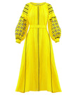 Lemon yellow linen kaftan maxi dress with black floral embroidery, balloon sleeves, button closure and self-tie belt, front view - Zalxndra Resort