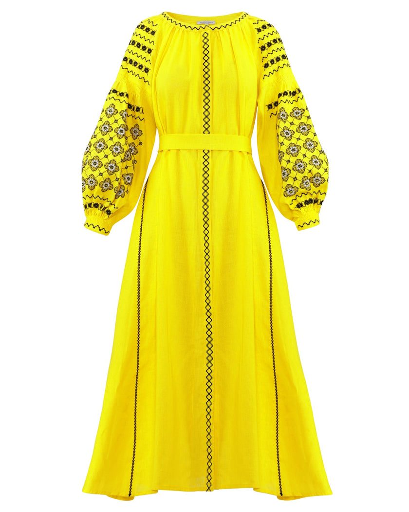 Lemon yellow linen kaftan maxi dress with black floral embroidery, balloon sleeves, button closure and self-tie belt, front view - Zalxndra Resort