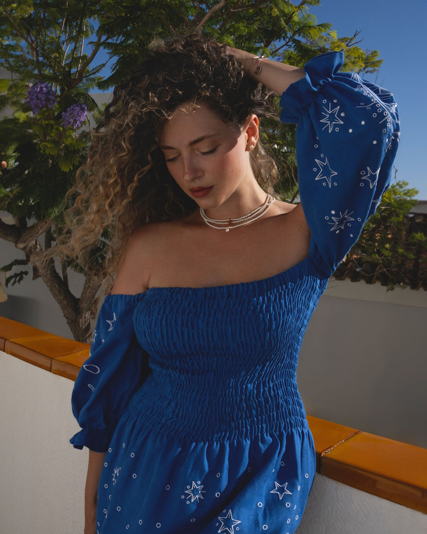 Royal Blue Embroidered Linen Dress | ZALXNDRA