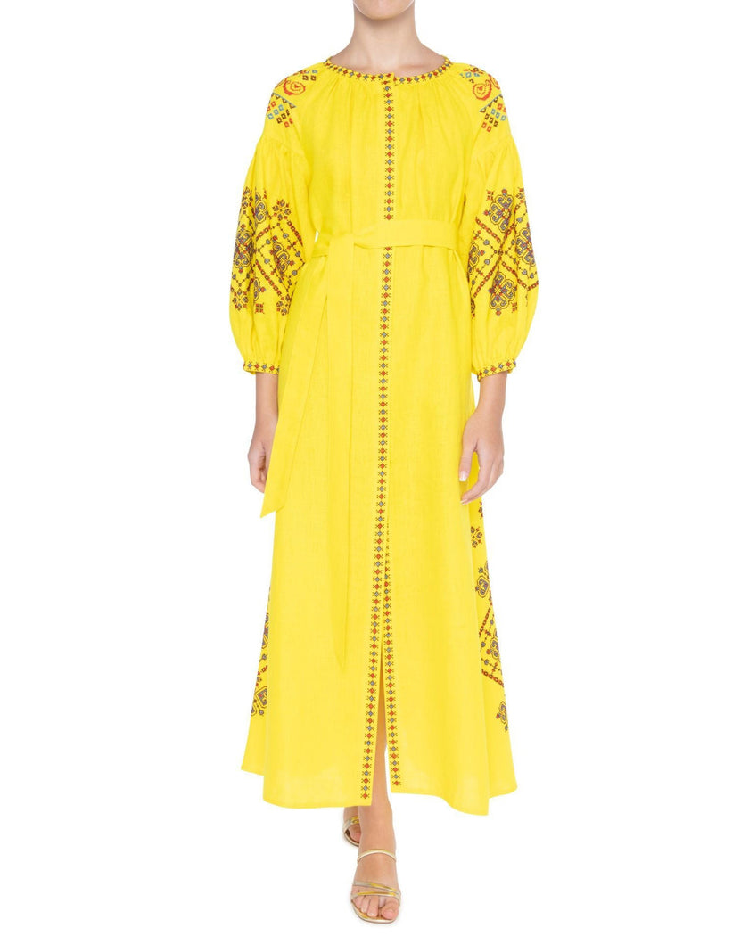 Lemon Yellow Hand-Embroidered Cross-Stitch Linen Kaftan Maxi Dress with Button Closure