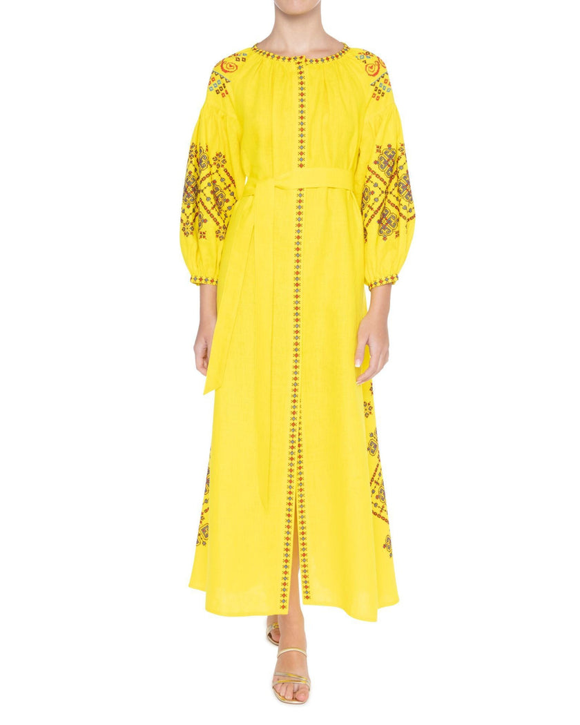 Lemon Yellow Embroidered Linen Maxi Dress – Balloon Sleeves