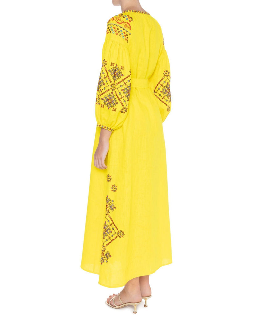 Lemon Yellow Embroidered Linen Maxi Dress – Balloon Sleeves