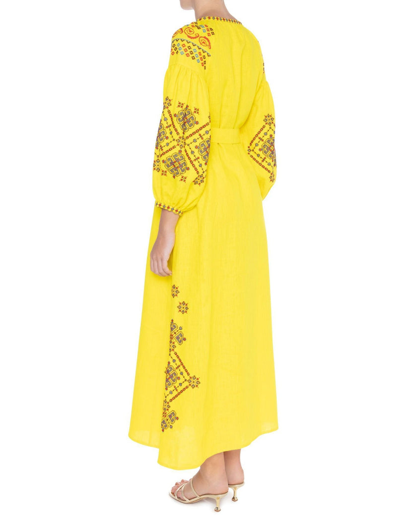 Lemon Yellow Hand-Embroidered Cross-Stitch Linen Kaftan Maxi Dress with Button Closure