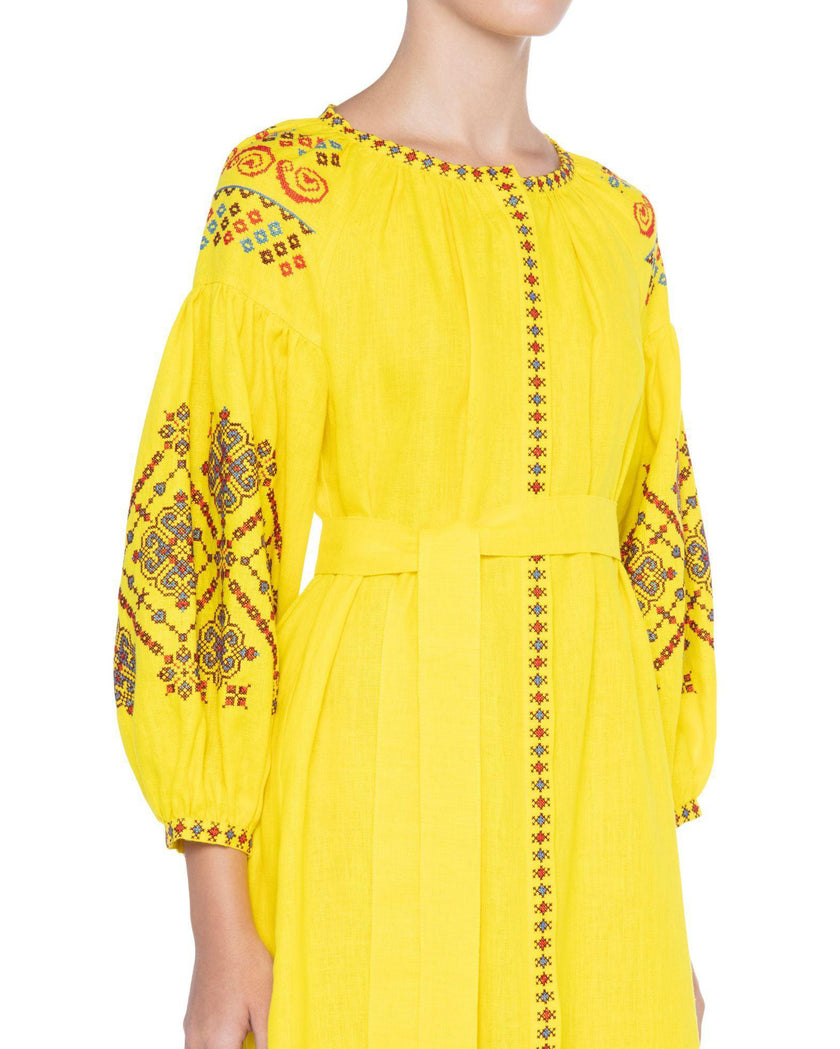 Lemon Yellow Hand-Embroidered Cross-Stitch Linen Kaftan Maxi Dress with Button Closure