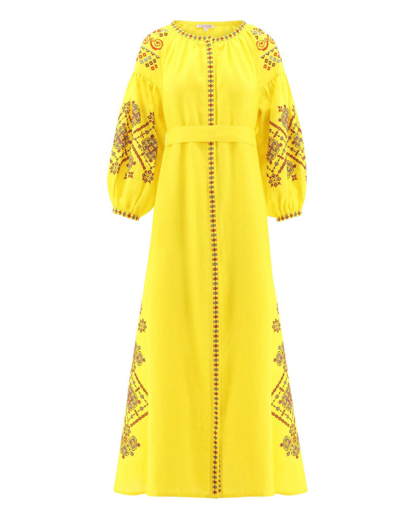 Lemon Yellow Hand-Embroidered Cross-Stitch Linen Kaftan Maxi Dress with Button Closure