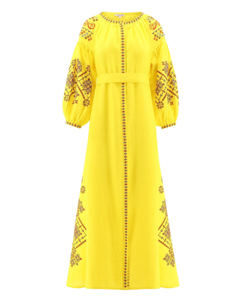 Lemon Yellow Embroidered Linen Maxi Dress – Balloon Sleeves