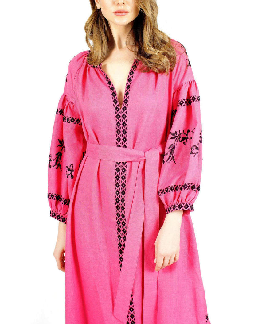 Fuchsia Black Hand-Embroidered Cross-Stitch Linen Kaftan Maxi Dress