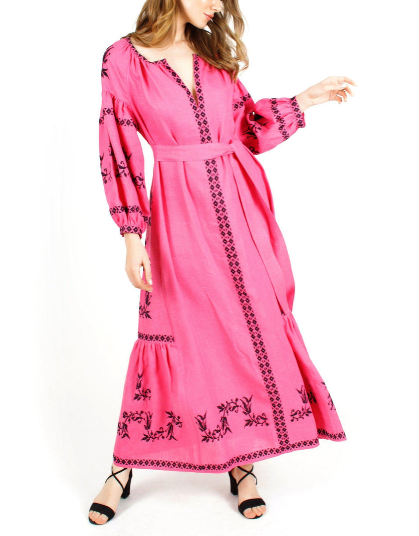 Fuchsia Black Hand-Embroidered Cross-Stitch Linen Kaftan Maxi Dress