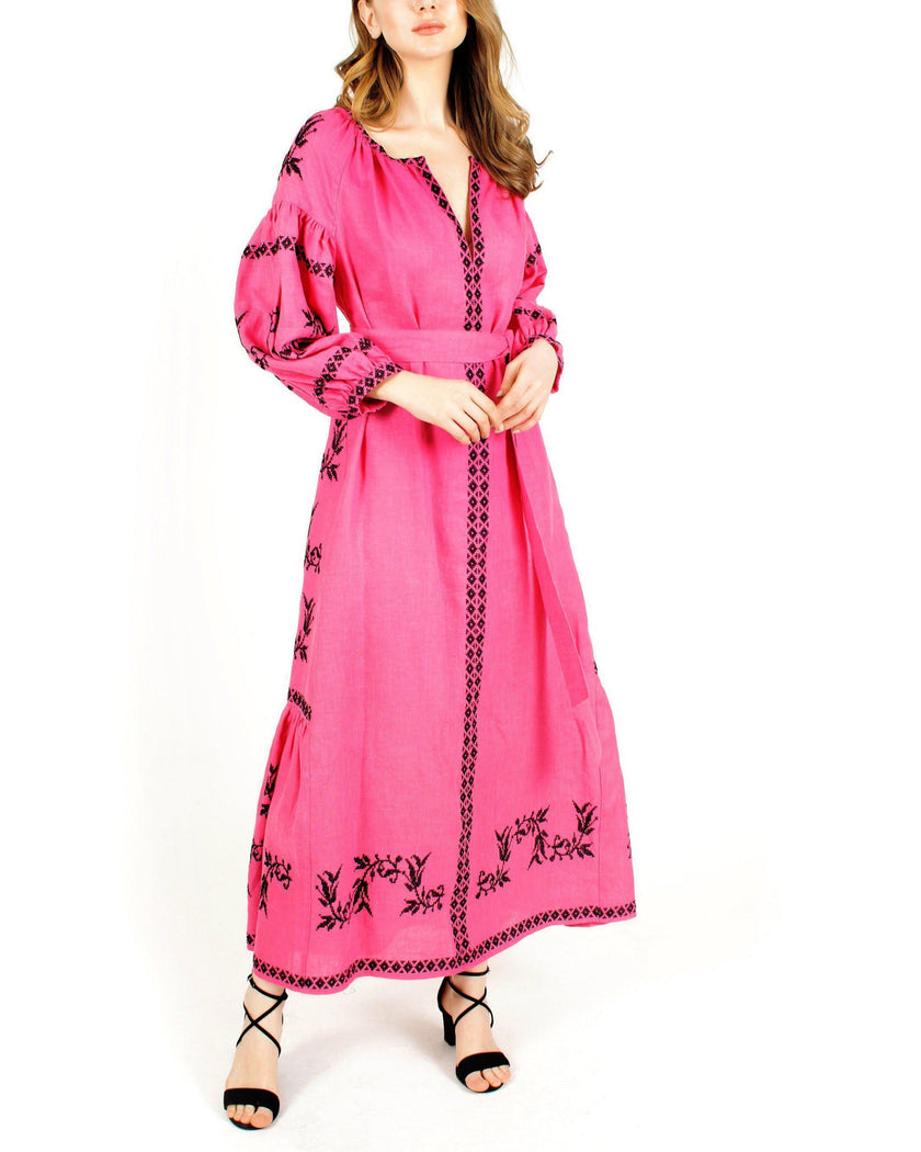 Fuchsia Black Hand-Embroidered Cross-Stitch Linen Kaftan Maxi Dress