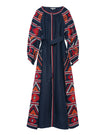 Navy blue linen kaftan maxi dress with red, orange, and white hand-embroidered cross-stitch geometric pattern, balloon sleeves, and self-tie belt, front view - Zalxndra Resort
