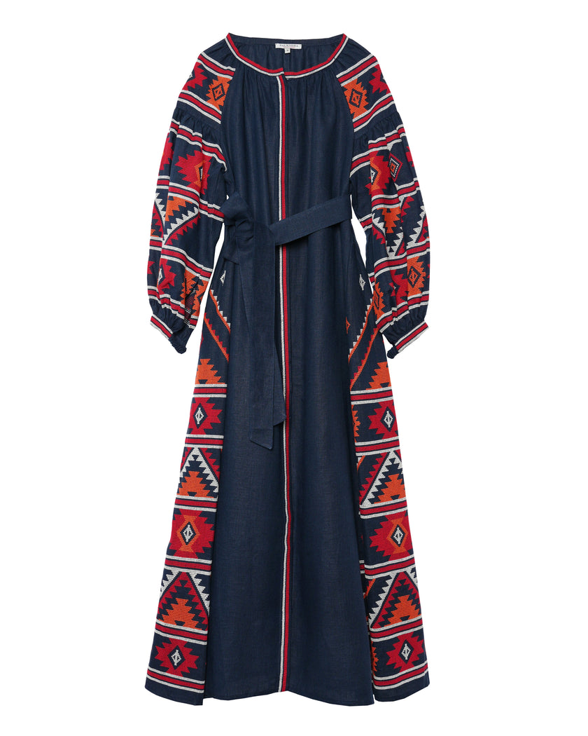 Navy blue linen kaftan maxi dress with red, orange, and white hand-embroidered cross-stitch geometric pattern, balloon sleeves, and self-tie belt, front view - Zalxndra Resort