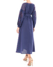 Back view of navy linen kaftan maxi dress with orange and blue geometric embroidery, balloon sleeves, and self-tie belt - Zalxndra Resort