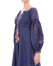 Bodice and sleeve detail of navy linen kaftan maxi dress with orange and blue geometric embroidery and tassel ties - Zalxndra Resort
