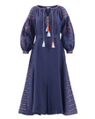 Navy linen kaftan maxi dress with orange and blue geometric embroidery, balloon sleeves, tassel ties, and front slit on flat lay - Zalxndra Resort