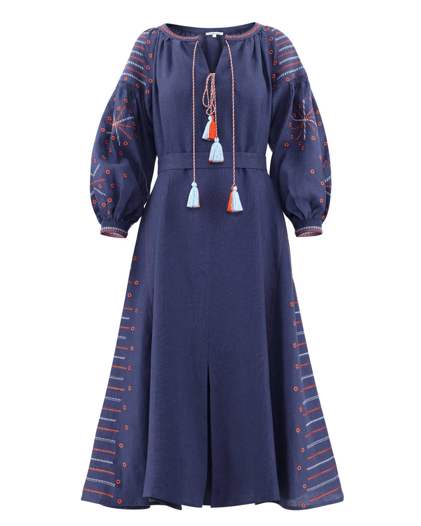 Navy linen kaftan maxi dress with orange and blue geometric embroidery, balloon sleeves, tassel ties, and front slit on flat lay - Zalxndra Resort