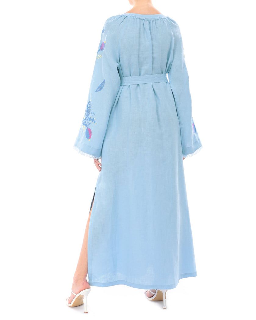 Powder Blue Embroidered Linen Maxi Dress | ZALXNDRA