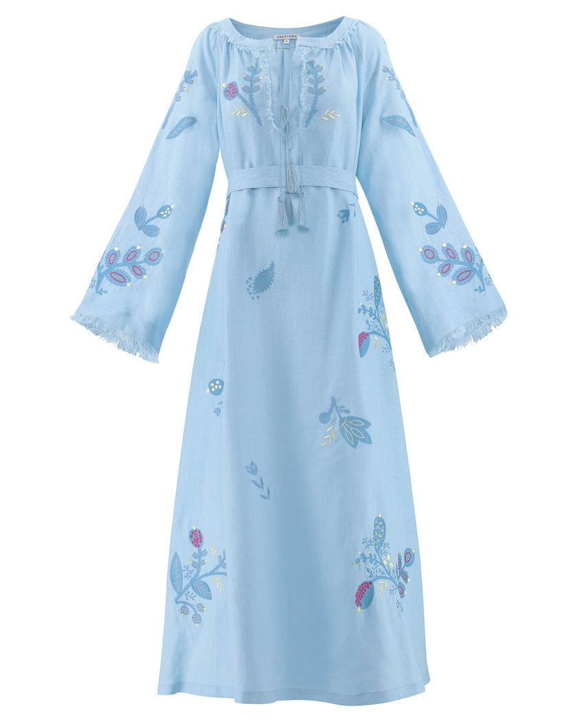 Powder Blue Embroidered Linen Maxi Dress | ZALXNDRA