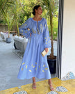 Puderblaues besticktes Maxikleid aus Leinen | ZALXNDRA