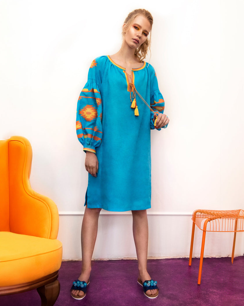 Turquoise Embroidered Linen Tunic Dress – Balloon Sleeves