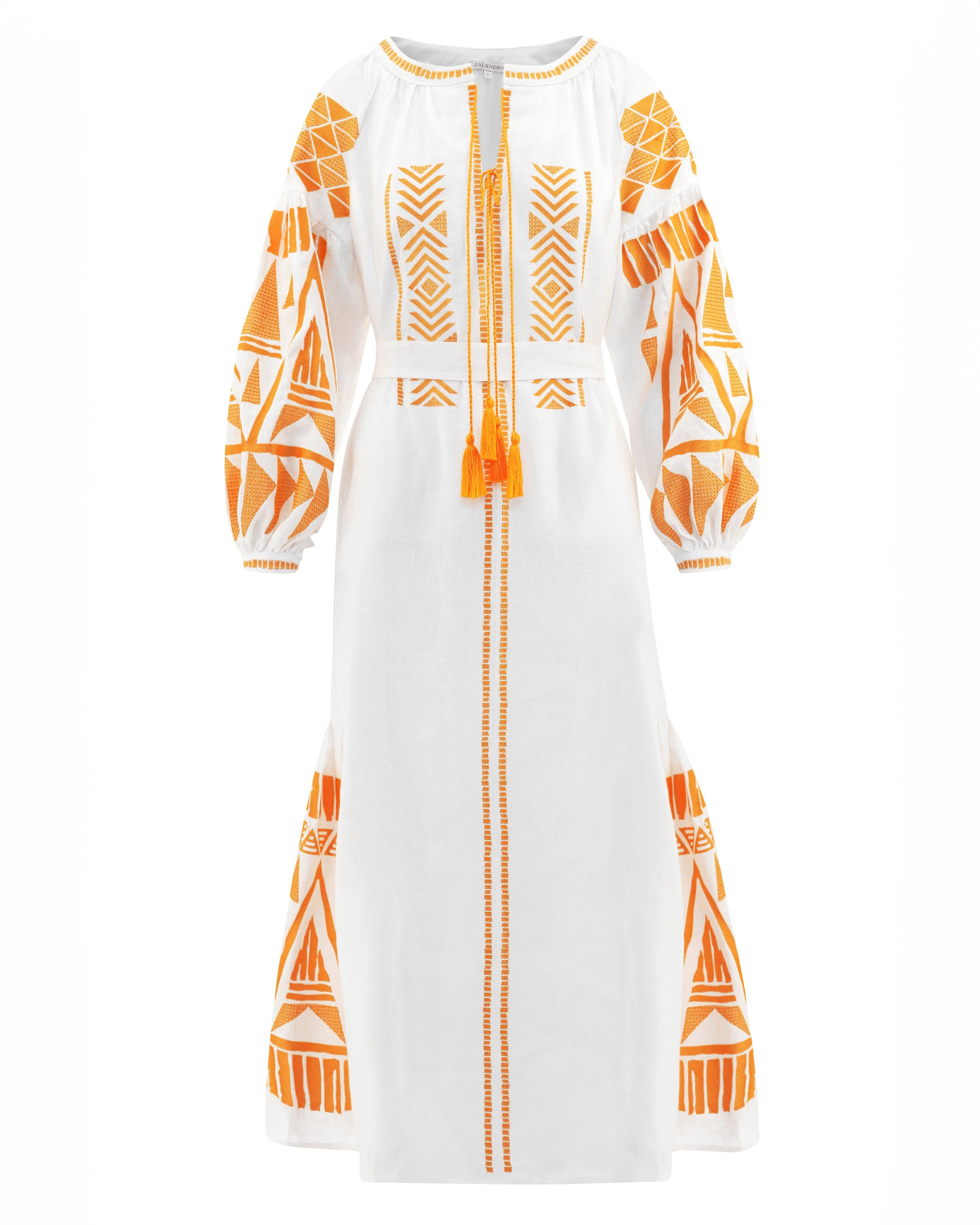 White Embroidered Linen Maxi Dress – Balloon Sleeves | ZALXNDRA
