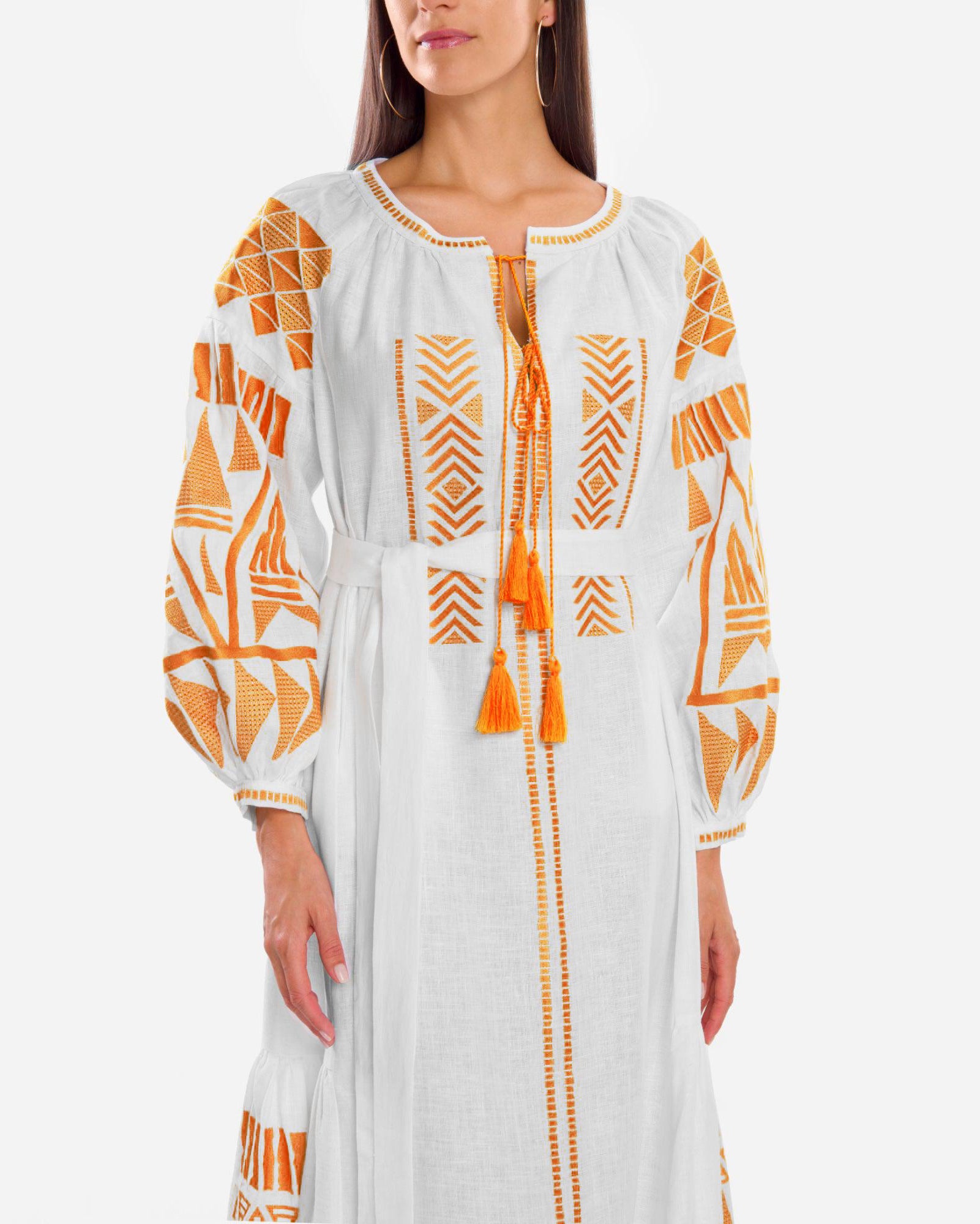 White Embroidered Linen Maxi Dress – Balloon Sleeves | ZALXNDRA