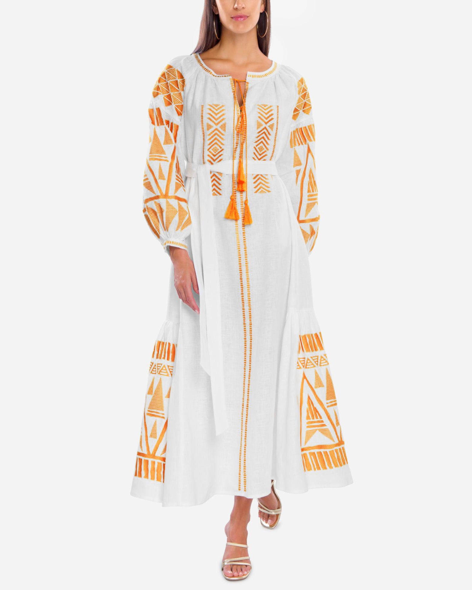 White Embroidered Linen Maxi Dress – Balloon Sleeves | ZALXNDRA