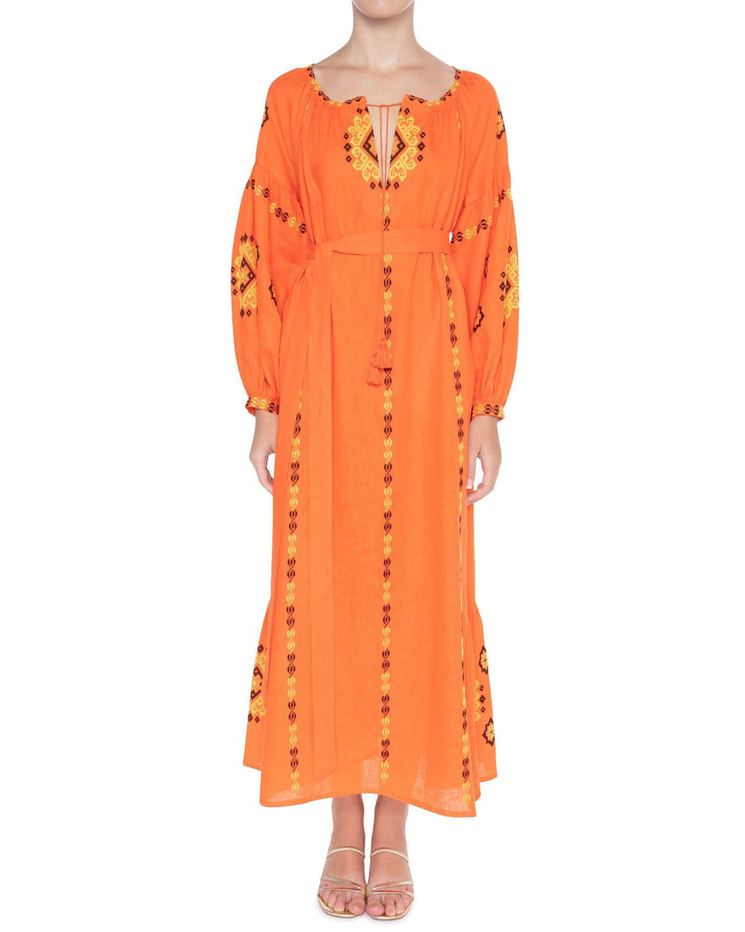 Pumpkin Orange Hand-Embroidered Cross-Stitch Linen Kaftan Maxi Dress