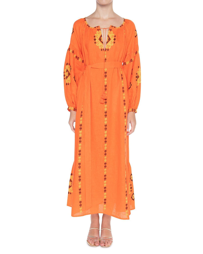 Pumpkin Orange Embroidered Linen Maxi Dress – Balloon Sleeves