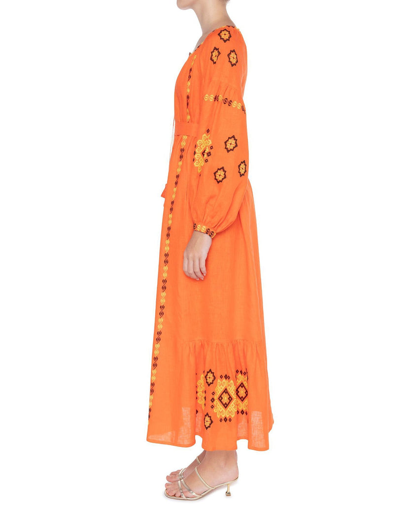 Pumpkin Orange Embroidered Linen Maxi Dress – Balloon Sleeves