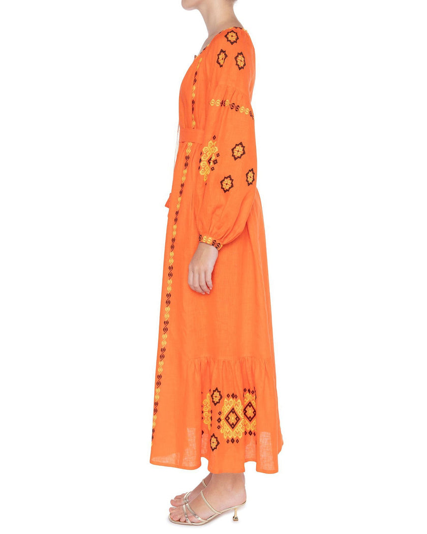 Pumpkin Orange Hand-Embroidered Cross-Stitch Linen Kaftan Maxi Dress
