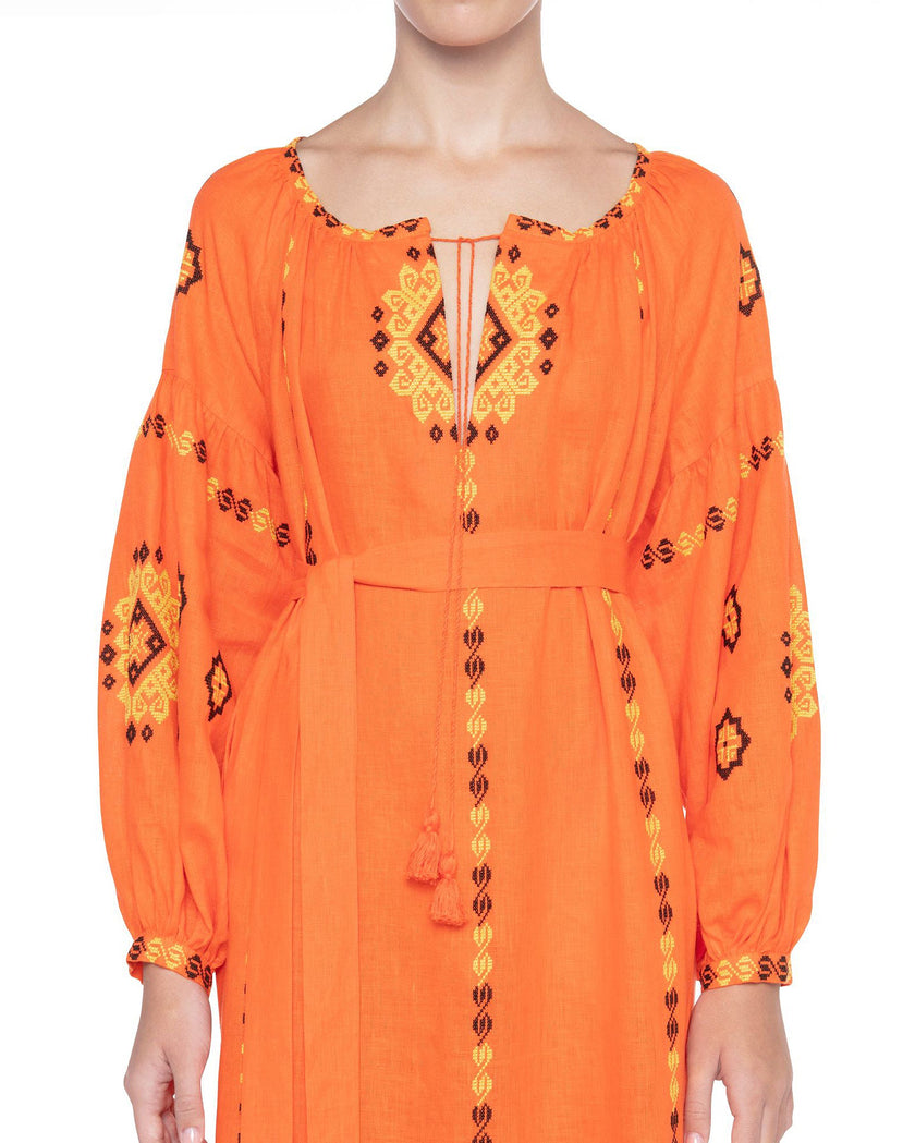Pumpkin Orange Hand-Embroidered Cross-Stitch Linen Kaftan Maxi Dress