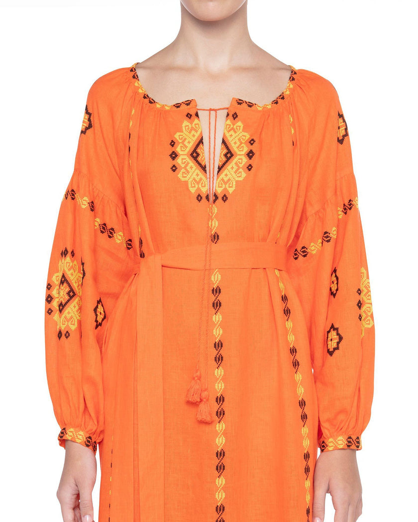 Pumpkin Orange Embroidered Linen Maxi Dress – Balloon Sleeves
