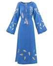 Royal blue linen kaftan maxi dress with gold leaf embroidery, angel sleeves with frayed trim, tassel tie neckline and self-tie belt, front view - Zalxndra Resort