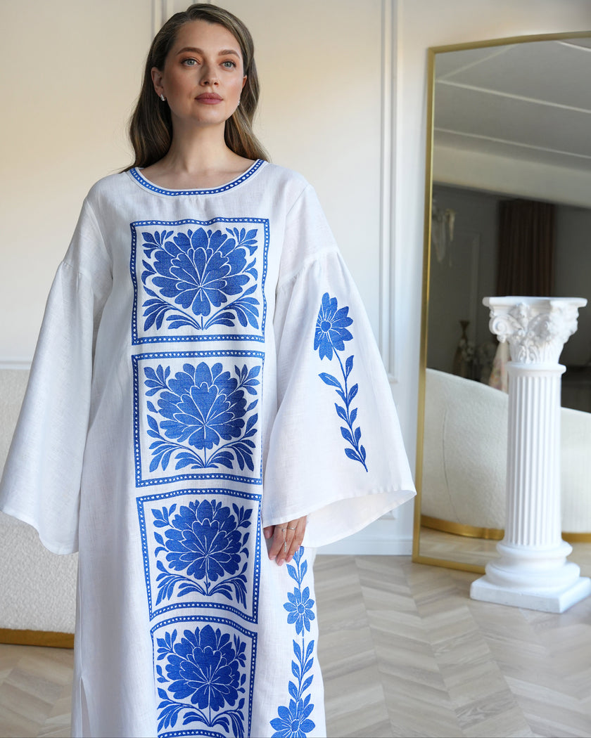 White and Cobalt Blue Floral Embroidered Linen Kaftan Maxi Dress