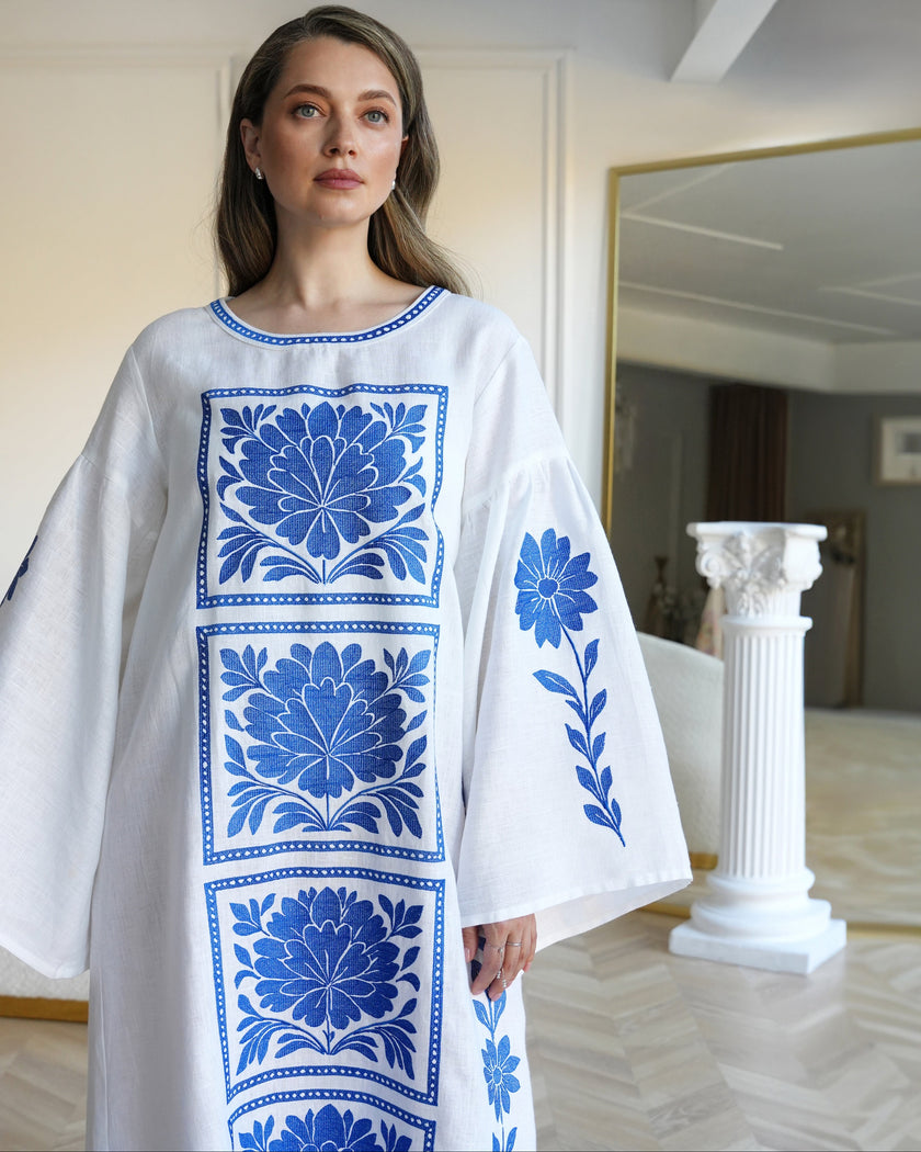 White and Cobalt Blue Floral Embroidered Linen Kaftan Maxi Dress