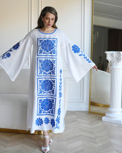 White Embroidered Linen Maxi Dress | ZALXNDRA