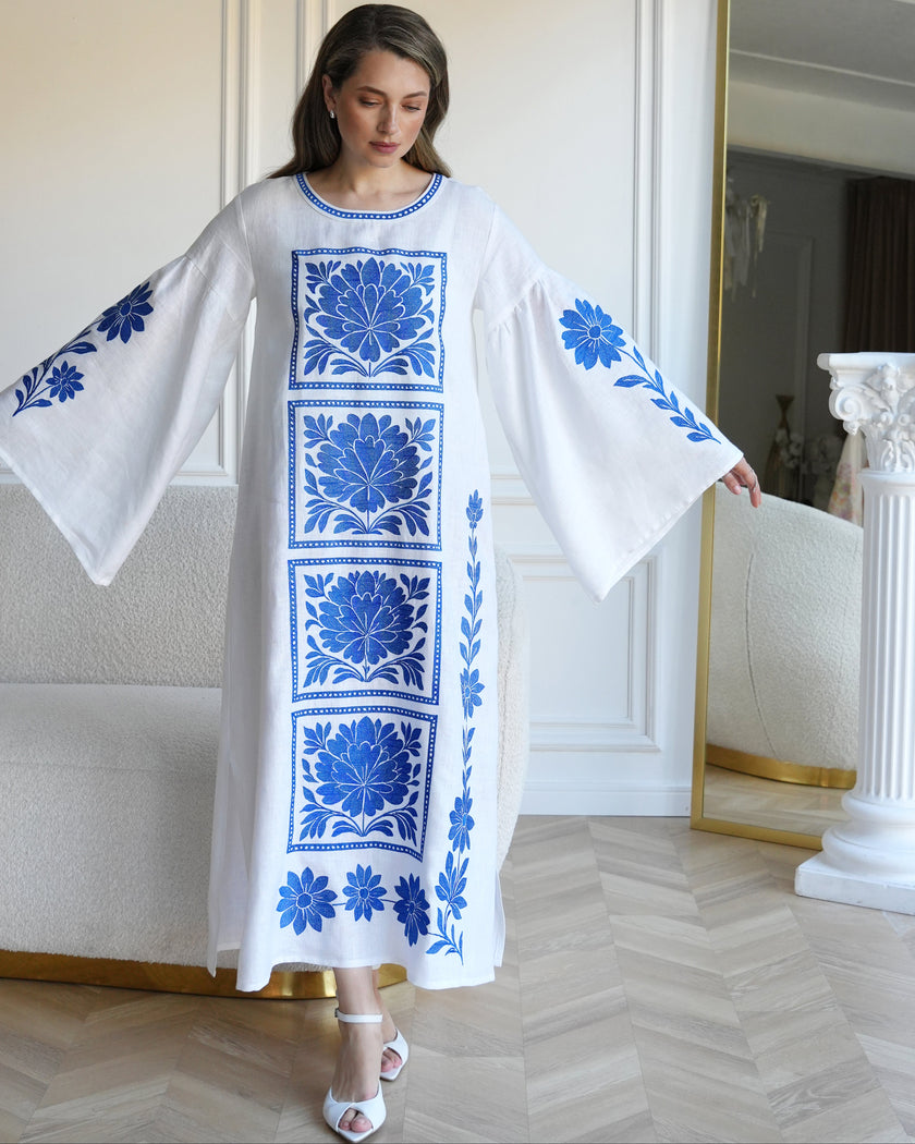 White and Cobalt Blue Floral Embroidered Linen Kaftan Maxi Dress