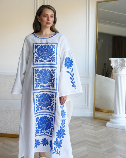White Embroidered Linen Maxi Dress | ZALXNDRA