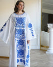 White and Cobalt Blue Floral Embroidered Linen Kaftan Maxi Dress