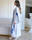 White and Cobalt Blue Floral Embroidered Linen Kaftan Maxi Dress