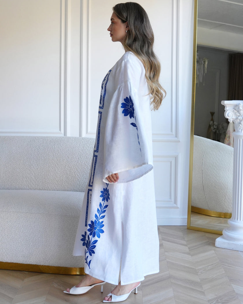 White and Cobalt Blue Floral Embroidered Linen Kaftan Maxi Dress