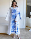 White and Cobalt Blue Floral Embroidered Linen Kaftan Maxi Dress