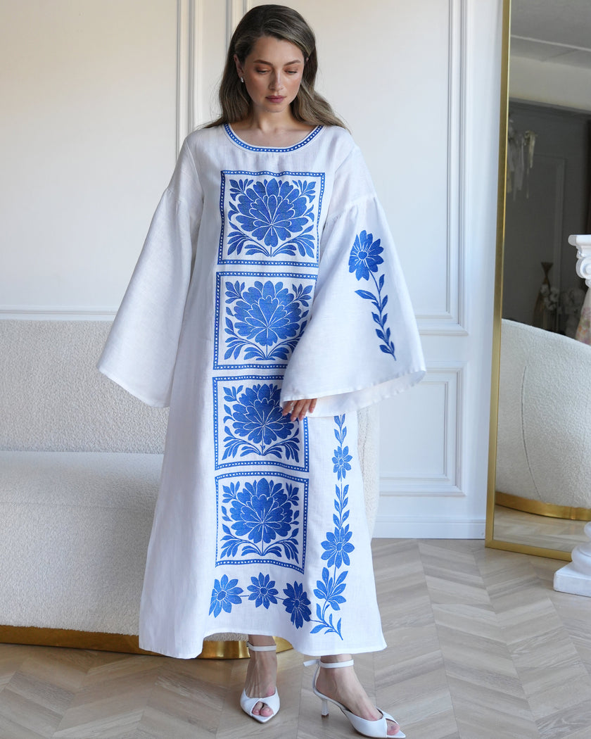 White and Cobalt Blue Floral Embroidered Linen Kaftan Maxi Dress