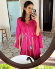 Fuchsia Multi-Color Floral Embroidered Linen Kaftan Maxi Dress